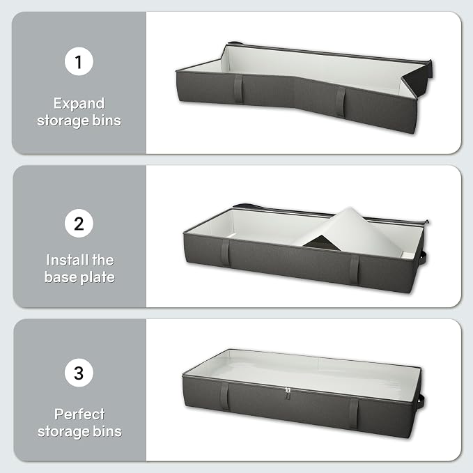 2-Pack Under Bed Storage Containers, 6 Inches Tall Clothes Storage, Black | High Side Collapsible Underbed Organizer Bin with Sturdy Sidewalls/Bottom, Cotton Linen Bins, For Seasonal Clothes & Bedding