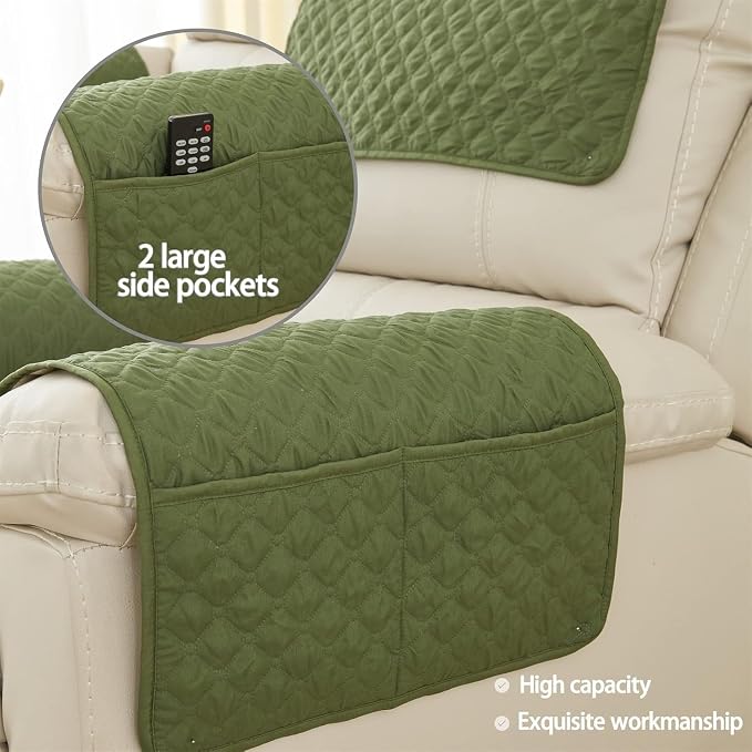 Armrest Covers Armchair Slipcover, Couch Arm Covers Recliner Covers with Storage Pockets Armrest Protector for Chair Sofa(Green,1 Seat | 3 Piece Set)