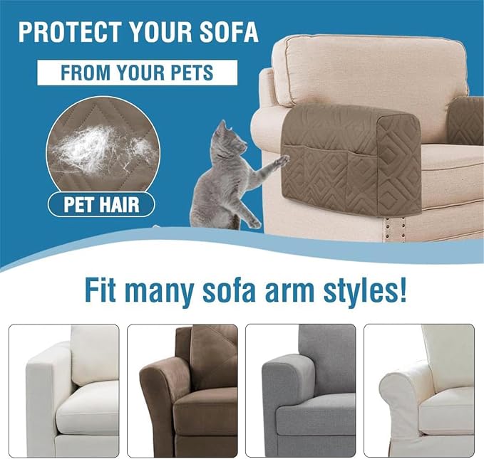 2Pcs Armrest Chair Covers for Sofa Waterproof Couch Arm Covers Armchair Covers for Arms Sofa Arm Covers Sofa Armrest Organizer for Magazine,Tablet,Phone (Taupe)