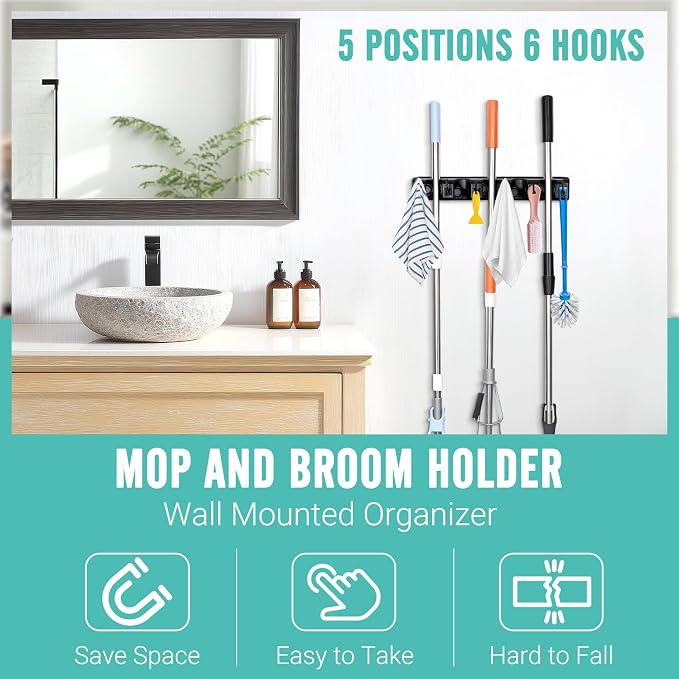 InPoTo Broom and Mop Holder, Wall Mounted Organizer Storage Tool Rack with 5 Ball Slots and 6 Hooks (2 Pack)