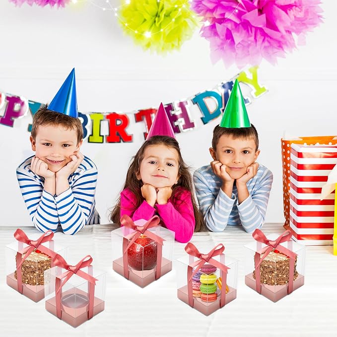 12 PCS Clear Cupcake Boxes 3.5 Inch Cupcake Containers (Rose gold) | Disposable Cupcake Carrier Plastic Individual Cupcake Storage Holder with Ribbons and Inserts for Wedding, Birthday Party