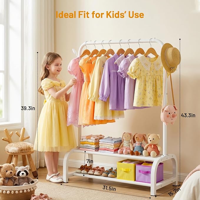 Kids Clothes Rack for Ages 3-6, Montessori Kids Clothing Rack, White | Kids Dress Up Rack with 2 Fabric Storage Shelves & Side Hooks, Toddler Wardrobe Rack for Costumes, Princess Dresses and Shoes