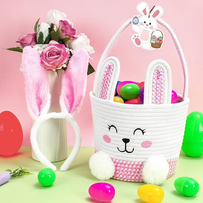 Easter Basket for Girls Kids - Pink Small Woven Bunny Egg Basket with Bunny Ears Headband Name Tag Empty Personalized Easter Gifts Baskets to Fill for Baby Toddler 8.7" x 7.1" x 7.1"