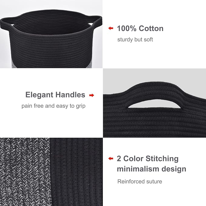 Cotton Rope Blanket Basket, 72L Tall Laundry Hamper, Black & Gray