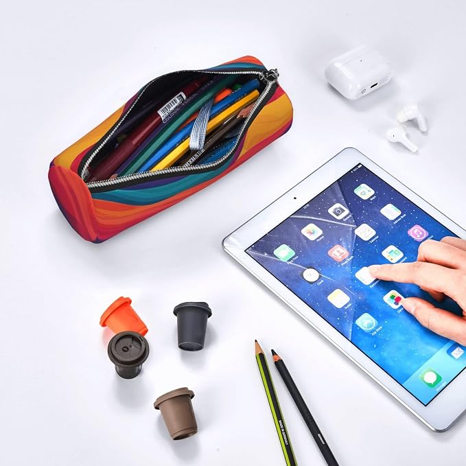 OSAM SPACE Leather Pencil Case Round Pencil Bag Colorful Waves Pen Organizer Holder Portable Zipper Pouch Cute School Supplies for Girls Boys Study Office