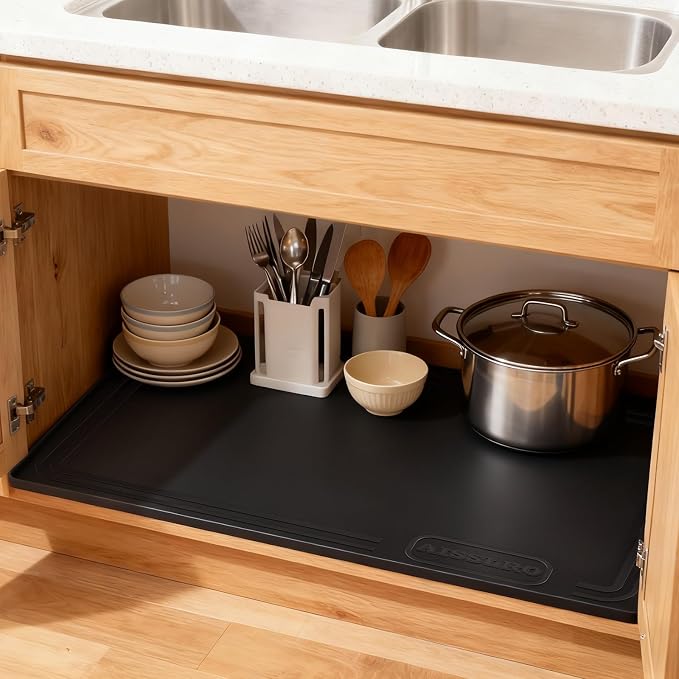 Under Sink Mat 22 X 19, Waterproof Silicone Cabinet Kitchen Liner, Black | BPA-Free Raised-Edge Cabinet Protector & Leak Tray for Bathroom Cabinets, Boots, Pet Feeding Dog & Cat Mats, Dishwasher Safe