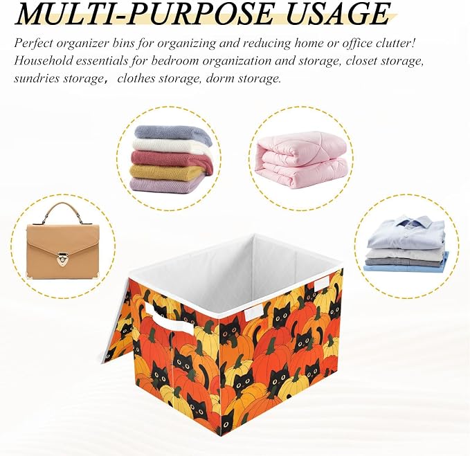 Pumpkin Cat Fabric Storage Bins with Lid Foldable Storage Boxes 40L Baskets | Foldable & Stackable, Flip Top Dust Guard, Reinforced Handles, Home & Bedroom, Clothes & Toys, Oxford Print Basket