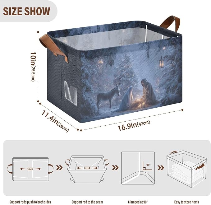 Christmas Nativity Scene Storage Basket Foldable Cube Storage Bins with Handles&Label Waterproof Collapsible Organizer Box Bin Large Rectangle Decorative Baskets for Shelves Home Room Laundry Indoor