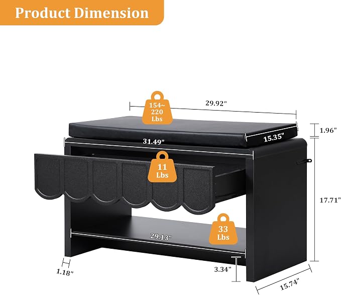 ORRD Shoe Storage Bench with Cushion, Shoe Rack Organizer Cabinet Bench with Wave Panel Drawer and Open Shelf for Entryway, Hallway, Living Room (Black)