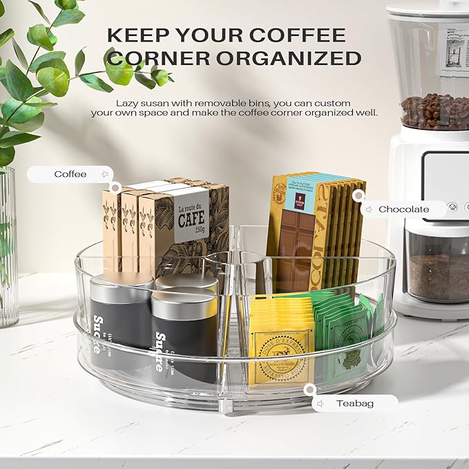 Lazy Susan Organizer, 9 inch Rotating Storage Organizer with Removable Bins | 360 Degree Rotating Storage Organizer with 4 Removable-Bins,Turntable Organizer for Fridge, Kitchen, Vanity, Cabinet