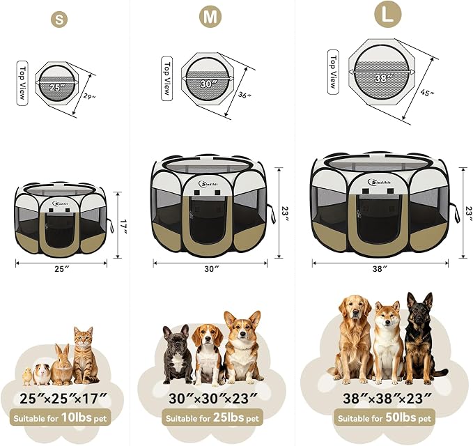 Siedihit Dog Cat Playpen, Small Puppy Pet Playpen, Dog Crate Tent Cage | Indoor/Outdoor, Portable Pop Up Dogs Kennel Playpen with Carrying Case for Dogs/Cats/Rabbits(Khaki, Small )