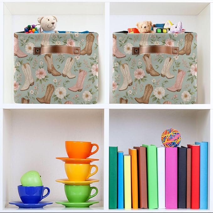 Kigai Storage Basket, Fabric Collapsible Closet Organizer Bin | Western Print Waterproof Foldable Canvas Basket with Handles for Shelves, Nursery, Closet, Bedroom & Bathroom