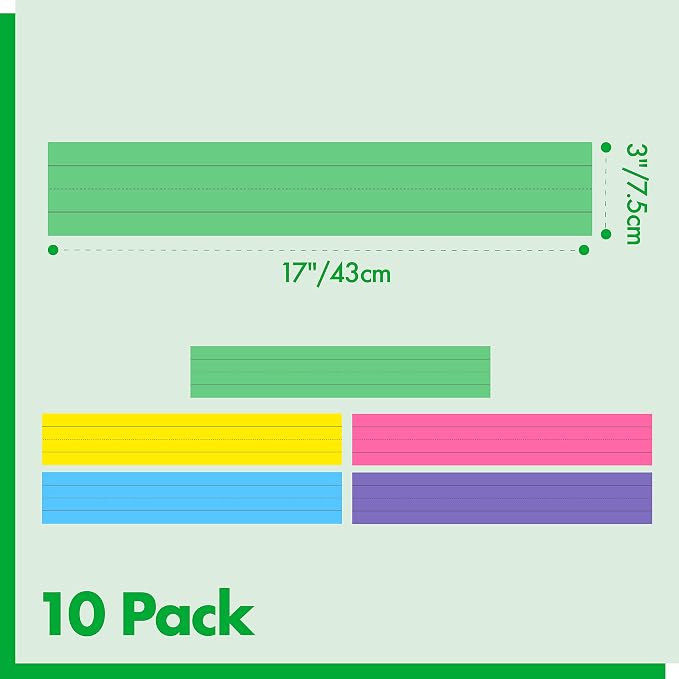 10 Pack Magnetic Sentence Strips, 5 Colors Ruled Writing Strip Dry Erase Sentence Learning Strip for School, Office, Classroom Supplies (Yellow/Pink/Blue/Green/Purple, 17” x 3”)