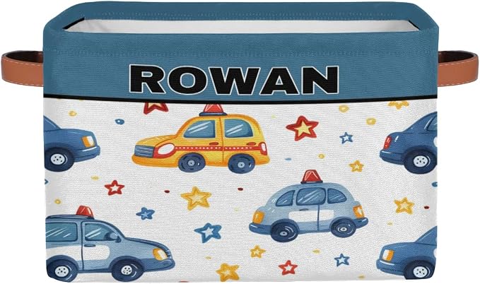 Personalized Kids Toy Box with Name, Custom Nursery Baskets Cubes Bins, Kids Custom Storage Basket Laundry Baskets Organizer with Handles, Cartoon Police Car with Stars