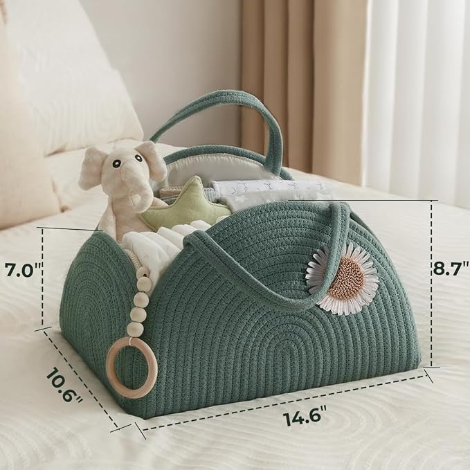 Baby Diaper Caddy Cotton Rope Diaper Organizer Basket Rainbow Theme Nursery Storage Bin Daypack Car Travel (Pink Daisy)