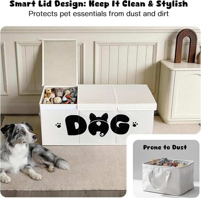 Dog Toy Basket with Lid, 3 Compartments Dog Basket for Toys, Dog Toy Box with 2 Removable Dividers, Collapsible Storage Bins for Dog Toys, Dog Storage Organizer, Beige