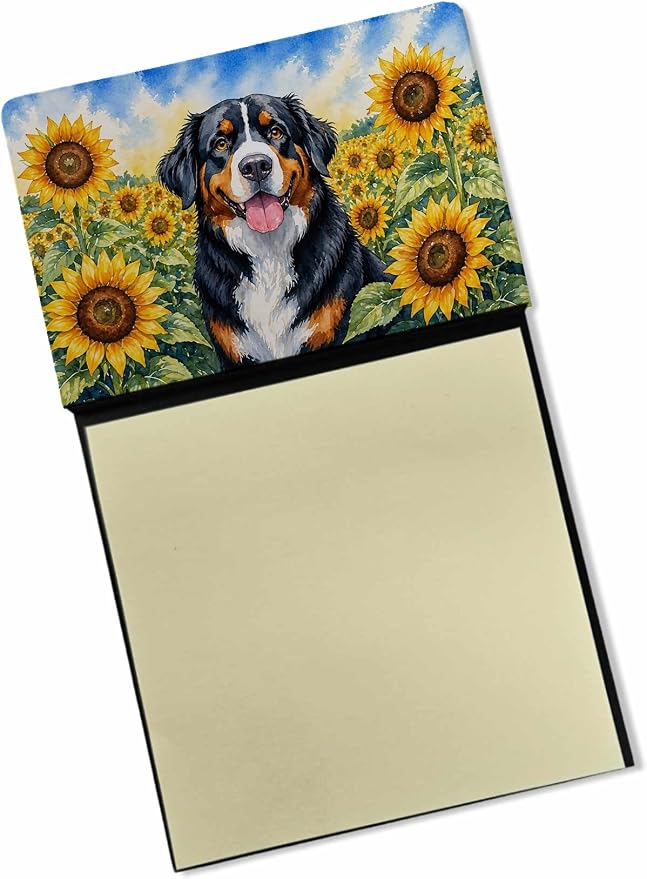 Caroline's Treasures Bernese Mountain Dog in Sunflowers Watercolor Sticky Note Holder Refillable Dispenser Desk Accessory 3x3 Pad Gift