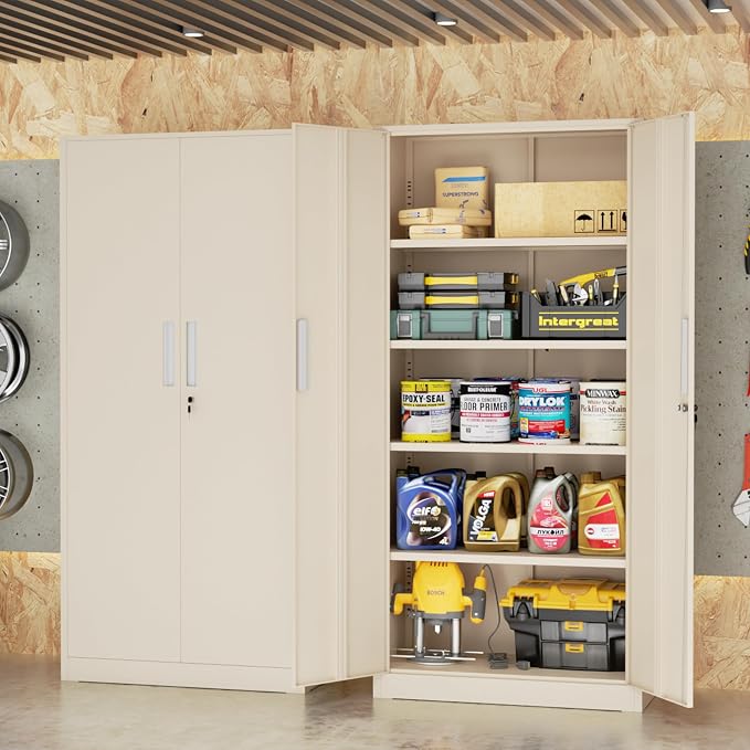 Crownland 72" Metal Storage Cabinet, Lockable Garage Storage Cabinets, High Office Cabinet with Adjustable Shelves for Garage, Home Office, Classroom, Pantry, File(Warm Grey-Narrow Size)