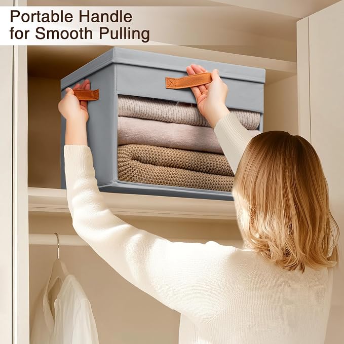 Large Storage Bins with Lids - 6 Pack Foldable Decorative Organizers with Clear Windows & Handles, Cube Storage Organizers for Clothes, Blankets, Sweaters, CD, Grey