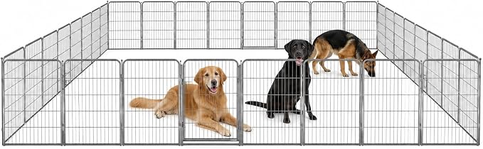 Dog Play Pen for Outdoor Use - 40'', 32 Panels for Medium and Large Size Dogs - Portable Playpen Pet Fence for RV, Camping, and Yard - Heavy Duty Kennel w/Grey Rust Resistant Coating