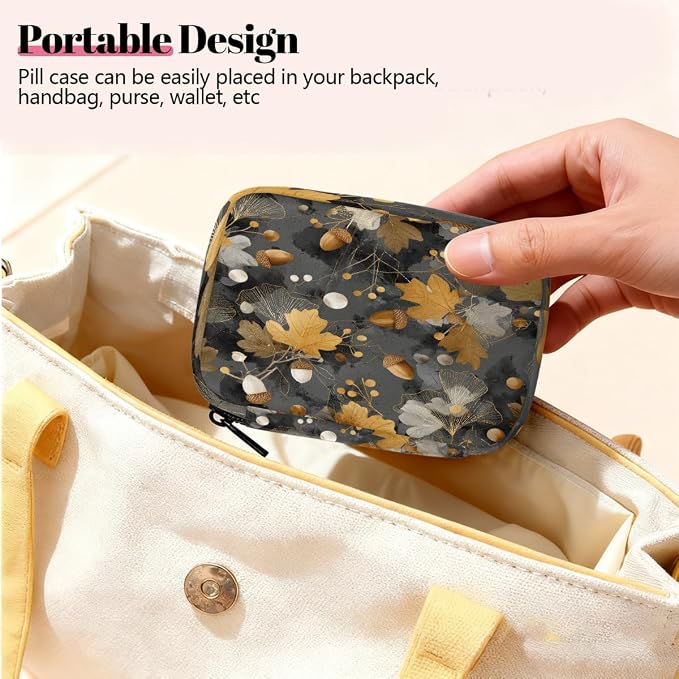 Travel Pill Organizer Black Gold Autumn Leaf Small Pill Case