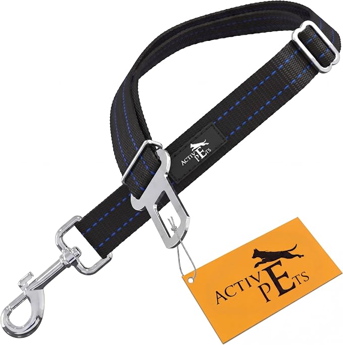 Blue Car Seat Belt for Dogs, Attaches to Harness & Collar, Adjustable 18" - 24" Travel Restraint System Fits Small - Large Pups for Safety & Comfort, Essential Pet Supplies & Accessories