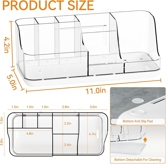 Mens Bathroom Organizer Countertop,Bathroom Sink Caddy Countertop Storage,White 7 Slot Vanity Bathroom Toiletry Organizers and Toothbrush Holders for Toothpaste,Electric Tooth Brush Organizer