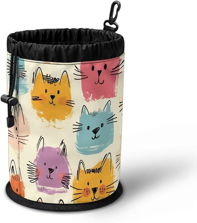 Cat Clothespin Bag for Clothesline Outdoor, Clothes Pin Bag with Drawstring Closure, Large Opening, Large-Capacity Clothespin Storage Organizer with Hooks