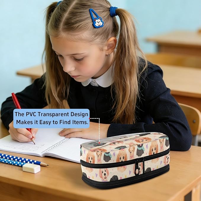SUABO Pet Dog Love Stars Pencil Case Large Pen Stationery Bag | Pencil Pouch Stationery Organizer with Compartments, Transparent PVC Layer, School Office Supplies for Kids Adults