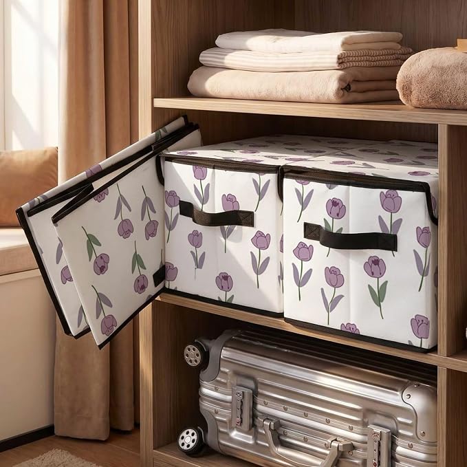 Stackable Storage Bins with Lids, 3 Pack | Closet Organizers, Fabric Box, For Blanket Clothes, Under Bed Storage Containers