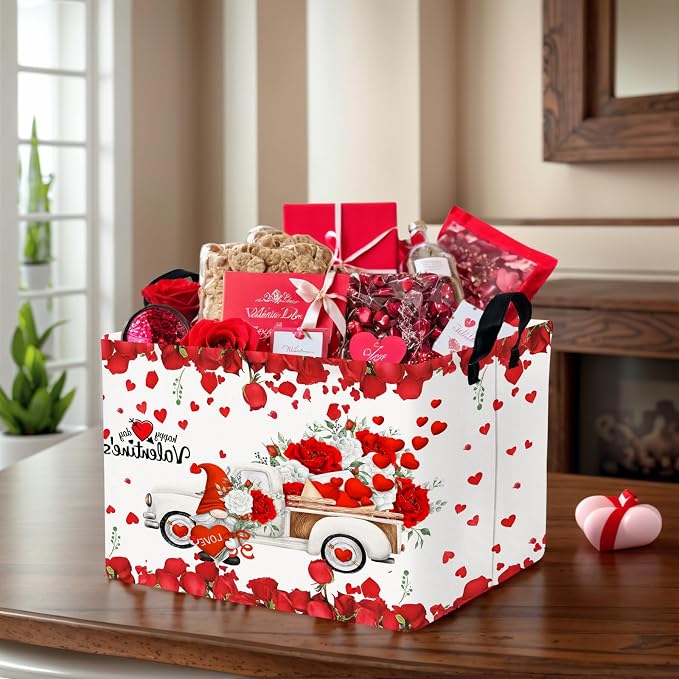 Cute Large Valentine's Day Gift Basket Empty Heart Decor Storage Bin for Kid Baby Room Décor (White Truck Roses)
