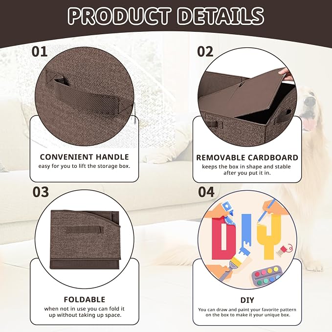COWOSO Foldable Dog Toy Basket with 3 Handles, Pet Storage Box, Dark Brown | Portable Pet Toy Organizer for Dog Toys & Accessories, Low Front Design, Waterproof Collapsible Storage Bin for Living Room