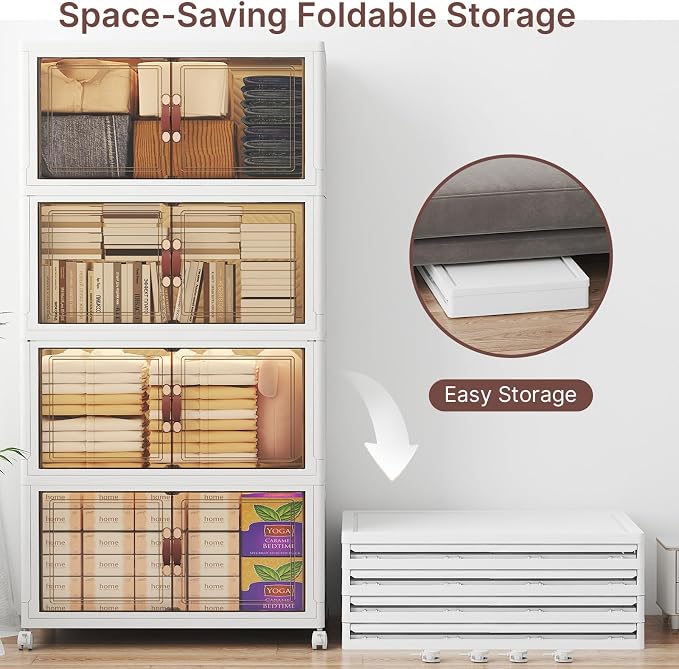 Stackable Storage Bins with Lids, 480QT Lockable Storage Cabinet | Folding Storage Box with Doors and Wheels, Collapsible Plastic Drawers for Home, Garage, Office