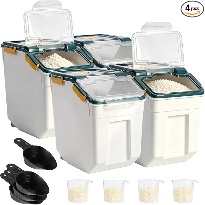 Saim 4Pack 50lb Flour & Rice Storage Container Bin (Dark Blue) | BPA free plastic with seal lid, rolling wheels and measuring scoop for rice, flour, cereal and grain one-hand scooping