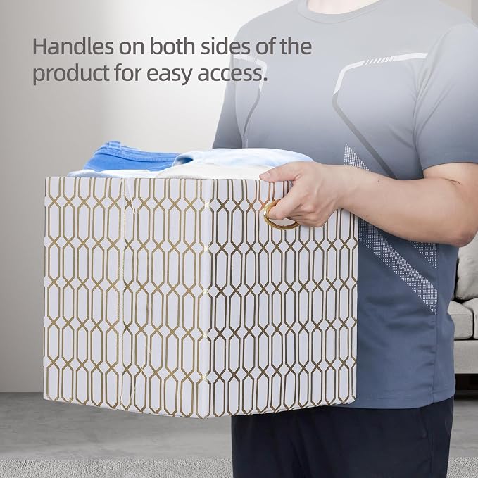 13x13x13 Storage Cube Bins, Collapsible Storage Bins Fabric Storage Cubes Organizer Baskets Box Drawers for Shelves, Closet, Wardrobe, Bookshelf, Cabinet, 4 Pack, White/Shiny Gold, AG4000202