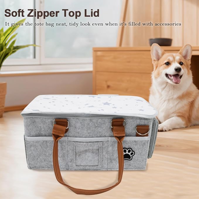 Felt Dog Grooming Bag,Portable Tote Bag for Dogs Cats,Dog Storage Organizer for Grooming Tool Kit,3 Compartments Pet Stuff Oganizers with 8 Pockets-Grey