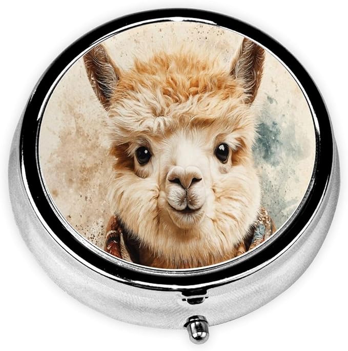 Cute Alpaca Animal Pet Fabric Portable Pill Organizer | 3 Compartment, With Mirror, For Men Women, For Daily Supplements, Vitamins, Fish Oil, Jewelry, Candy, Travel