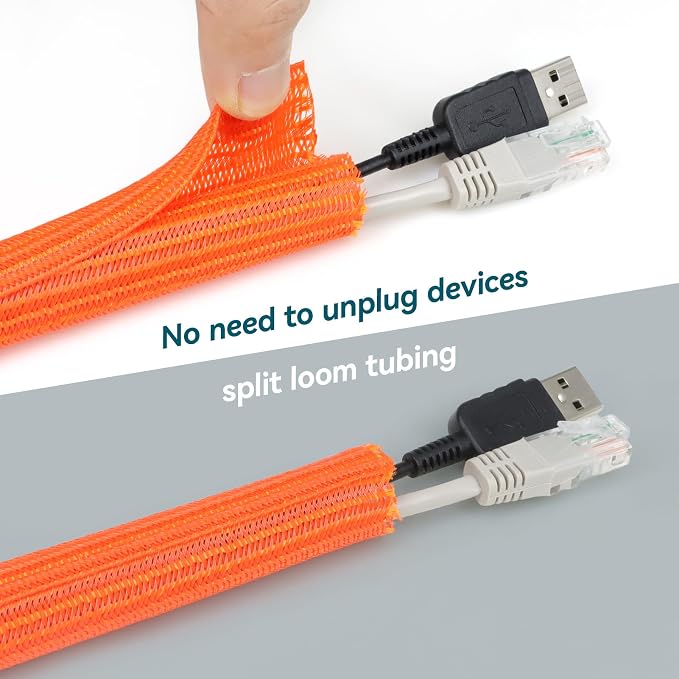 Wire Loom Tubing, 10ft Split Braided Cable Management Sleeve, Flexible Mesh Cord Protector Cable Sleeve for TV Computer (Orange, 5/8")