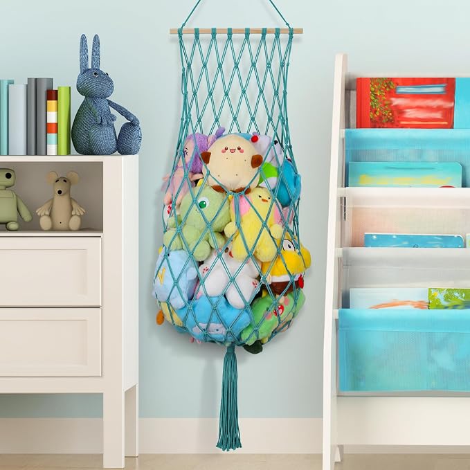 68 Inch Stuffed Animal Storage Hammock Corner Plushie Net,Aqua | Boho Macrame Large Toy Hammock for Stuffed Animals Organizer,Wall Ceiling Over Door Stuffy Storage Holder,Nursery Room Decor