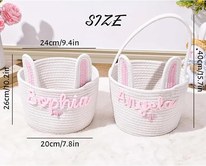 Personalized Cute Small Woven Basket with Handles, Custom Cotton Rope Room Shelf Storage Basket, Empty Decorative Gift Basket, Decorative Round Bin for Nursery Bedroom Bathroom (Style G)