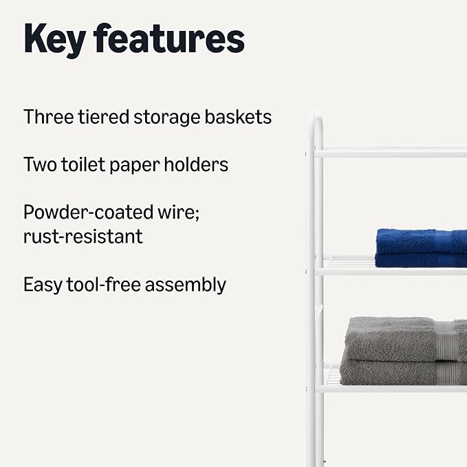 Amazon Basics Over the Toilet Storage Organizer, 3-Tier with 2 Paper Holders, 13.8 x 31.9 x 64.9 Inches, White