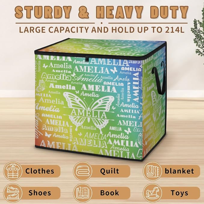 Personalized Name Foldable Storage Basket Cubes with Lid, Butterflies Dirty Clothes Pet Toys Storage Bin with Handles for Shelf Home Closet Kitchen, Gradient Yellow Green Blue Background
