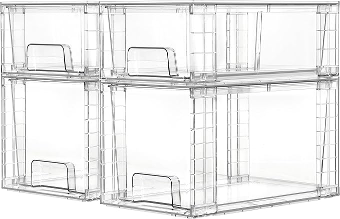 Vtopmart Clear Stackable Storage Drawers, 4 Pack Kitchen Cabinet Set | Medium and Small Pull-Out PET Drawers with Stackable Design for Kitchen Cabinets, Pantry, Under Sink, Medicine