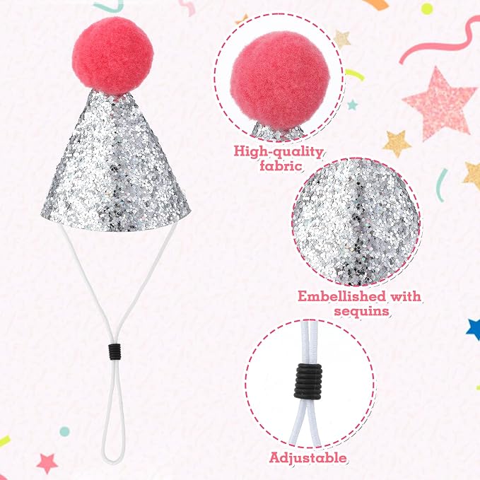 10 PCS Mini Birthday Party Hats, Mini Cone Hats with Glitter and Pom Poms for Kittens Puppies Birthday, Wedding, And Holiday Celebrations, Colorful Party Hats for Pets and Stuffed Animals