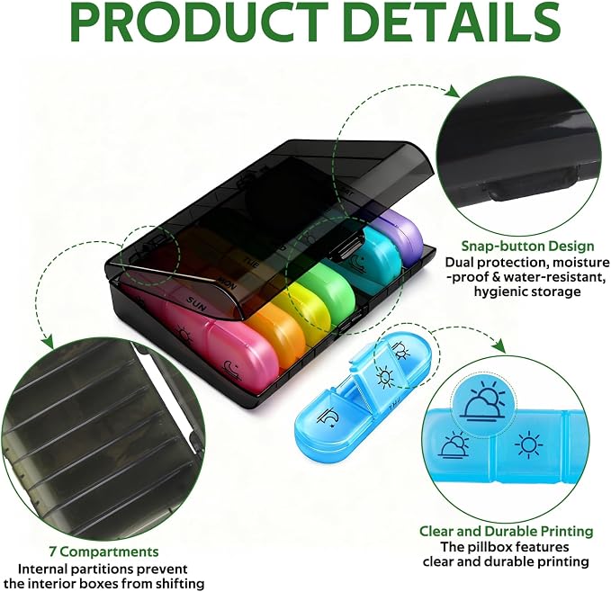 Weekly Pill Organizer 3 Times a Day, 7-Day Pill Boxes, Monthly Medication Organizer 21 Days Portable Compartments & Moisture-Proof Outer Case for Vitamins, Fish Oils, Supplements (Color)