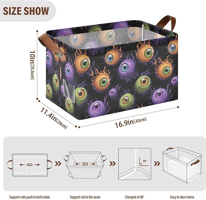 Funny Purple Green Orange Eyeball Storage Basket Foldable Cube Storage Bins with Handles&Label Waterproof Organizer Box Bin Large Rectangle Decorative Baskets for Shelves Home Room Laundry-2 Pack