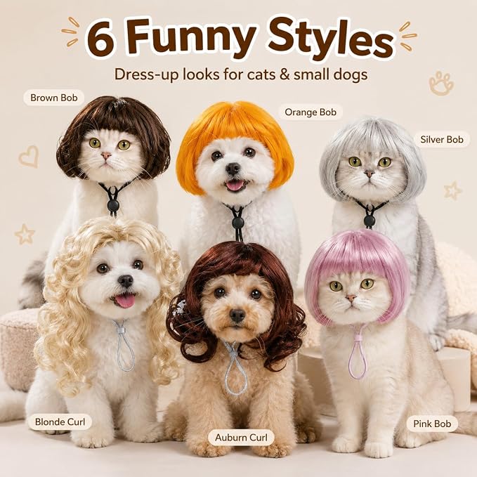 Funny Dog Wigs and Cat Wig Set, 6 Pack Pet Costume Hairpieces | Adjustable Pet Costume Hairpieces with Elastic Strap, Soft Breathable Cosplay for Small Medium Dogs Cats Halloween Party