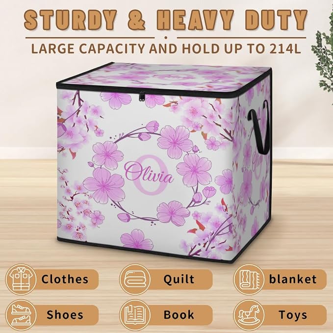 Personalized Extra Large Storage Bins with Lid, Customized Name Jumbo Storage Basket Clothes Organizer for Organizing Kids and Pets Toys Shelf Closet, Violet Pink Cherry Blossom Floral