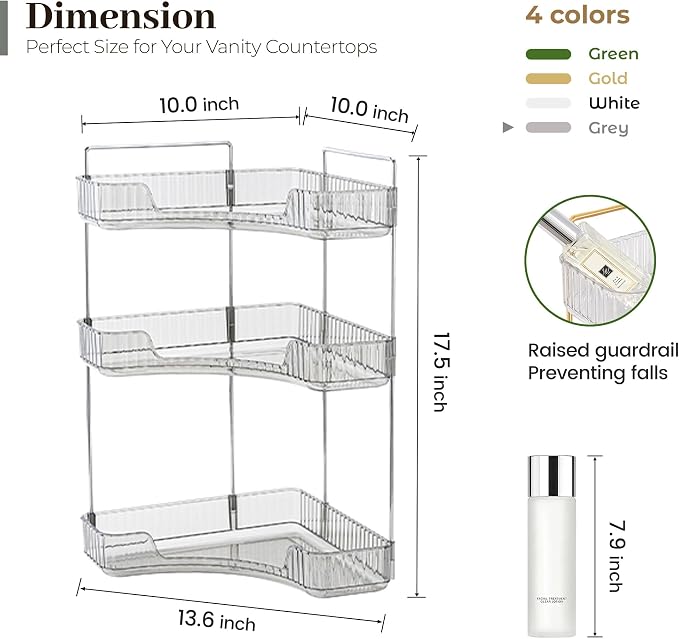 Aveniee Corner Bathroom Counter Organizer, Bathroom Countertop Shelf Makeup Organizer for Vanity Perfume Tray for Corner Storage (3 Tiers, Grey)