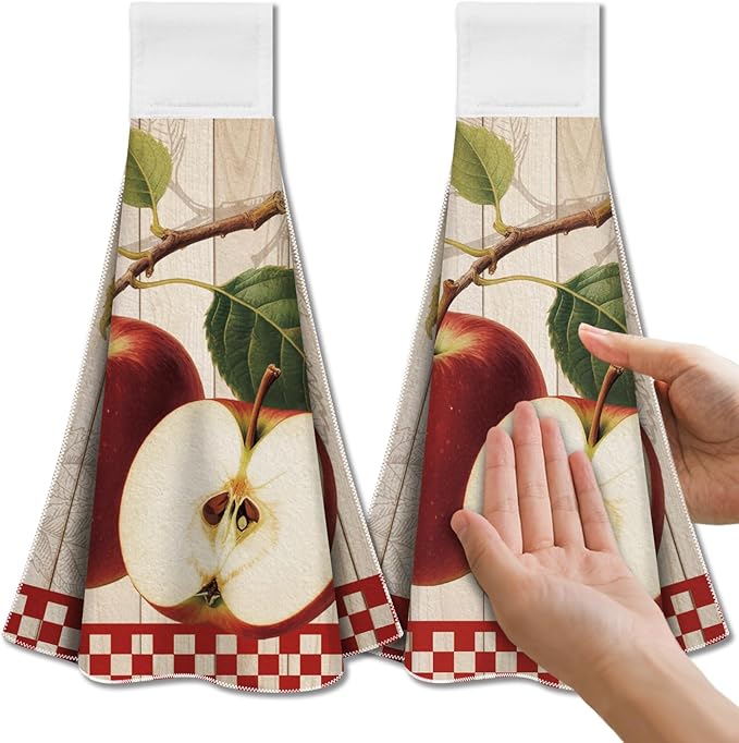 CUTHOLLOW Retro Apples Hanging Kitchen Towels with Loop, Set of 2 - Soft & Super Absorbent Microfiber Decorative Hanging Dish & Hand Towel, Tea, Coffee Towel for Kitchen Bathroom Oven Handle